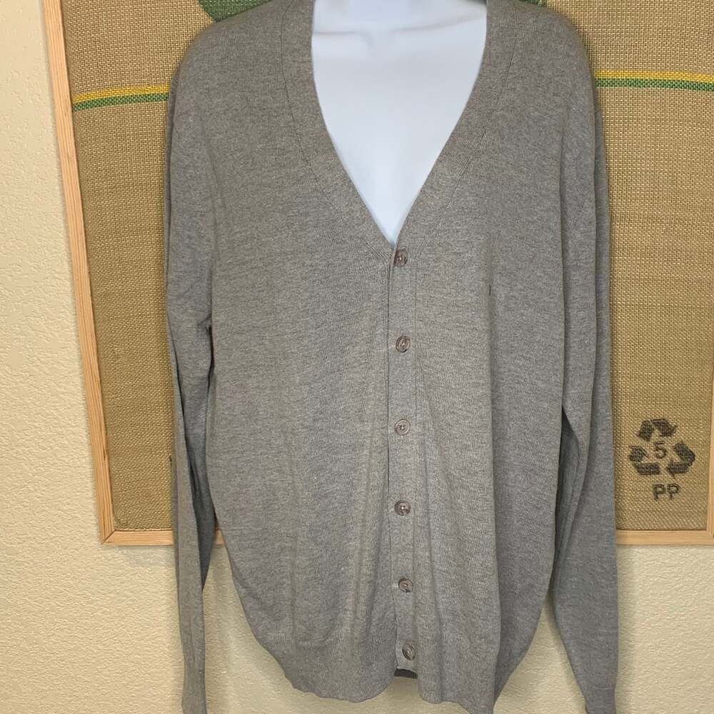 Basic Editions Gray V-Neck Cardigan, Button-Front Knit, Size M